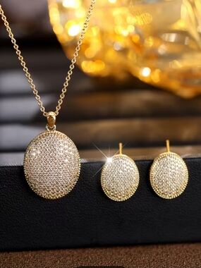 Gold Pave Oval Pendant Necklace & Stud Earrings Set